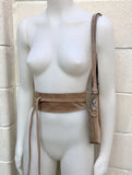 Small suede bag in light brown with matching belt. Cross body bag + wrap belt set in taupe color suede leather. Genuine leather set
