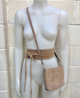 Small suede bag in light brown with matching belt. Cross body bag + wrap belt set in taupe color suede leather. Genuine leather set