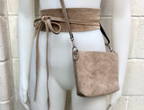 Small suede bag in light brown with matching belt. Cross body bag + wrap belt set in taupe color suede leather. Genuine leather set