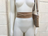 Small suede bag in light brown with matching belt. Cross body bag + wrap belt set in taupe color suede leather. Genuine leather set