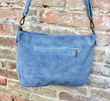 Blue-gray suede bag. Boho genuine leather bag in denim blue. Soft natural medium blue suede leather bag. Blue suede purse with tassels.