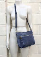 Cross body bag in SUEDE. BOHO genuine leather bag in blue-GRAY. Soft natural suede leather bag with tassels. Denim blue messenger for tablet