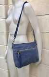 Blue-gray suede bag. Boho genuine leather bag in denim blue. Soft natural medium blue suede leather bag. Blue suede purse with tassels.