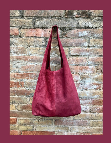 Slouch bag. Large TOTE leather bag in BURGUNDY. Red suede bag with ZIPPER. Wine red large shoulder bag. Laptop leather bag. Leather shopper