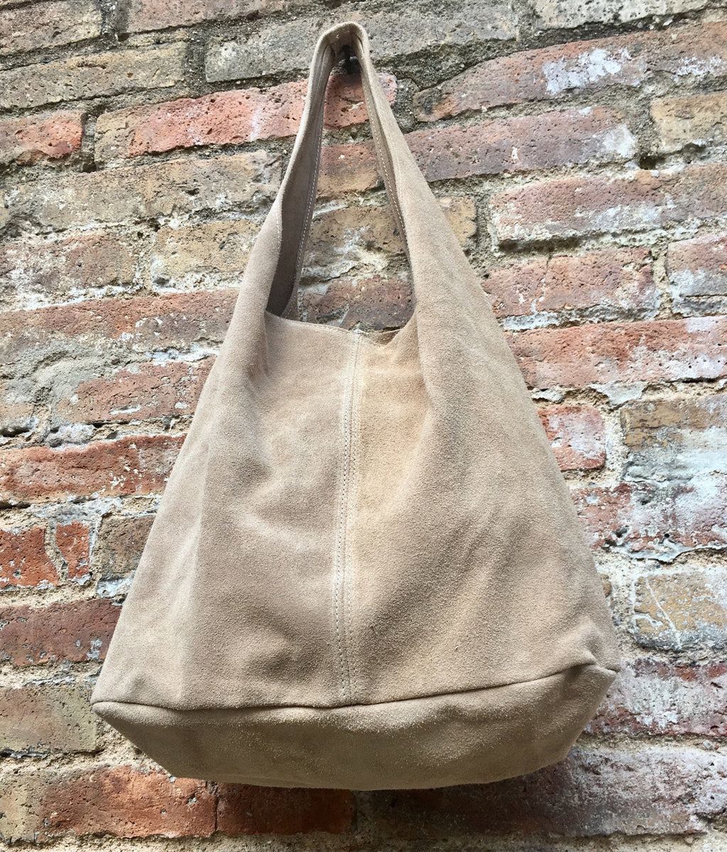 Large TOTE leather bag in BEIGE with zipper.Beige slouch bag. Soft natural suede leather bag. Boho bag. BEIGE suede bag.