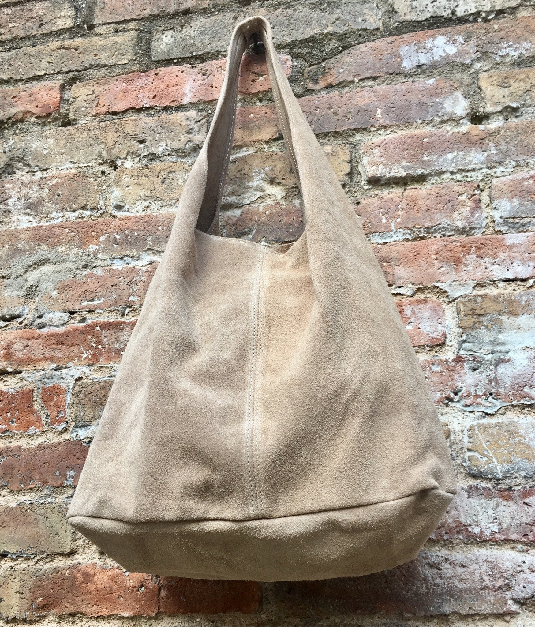 Large TOTE leather bag in BEIGE with zipper.Beige slouch bag. Soft natural suede leather bag. Boho bag. BEIGE suede bag.