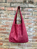 Slouch bag. Large TOTE leather bag in BURGUNDY. Red suede bag with ZIPPER. Wine red large shoulder bag. Laptop leather bag. Leather shopper