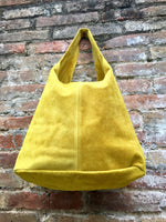 Slouch bag with ZIPPER. Tote leather bag in yellow. Soft natural suede, genuine leather shopper bag. Yellow suede bag.Hobo,laptop bag