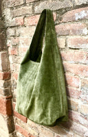 Large tote leather bag in moss GREEN. Slouch leather bag with ZIPPER. Leather shopper, laptop bag in suede leather bag.GREEN suede bag.