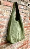 Large tote leather bag in moss GREEN. Slouch leather bag with ZIPPER. Leather shopper, laptop bag in suede leather bag.GREEN suede bag.