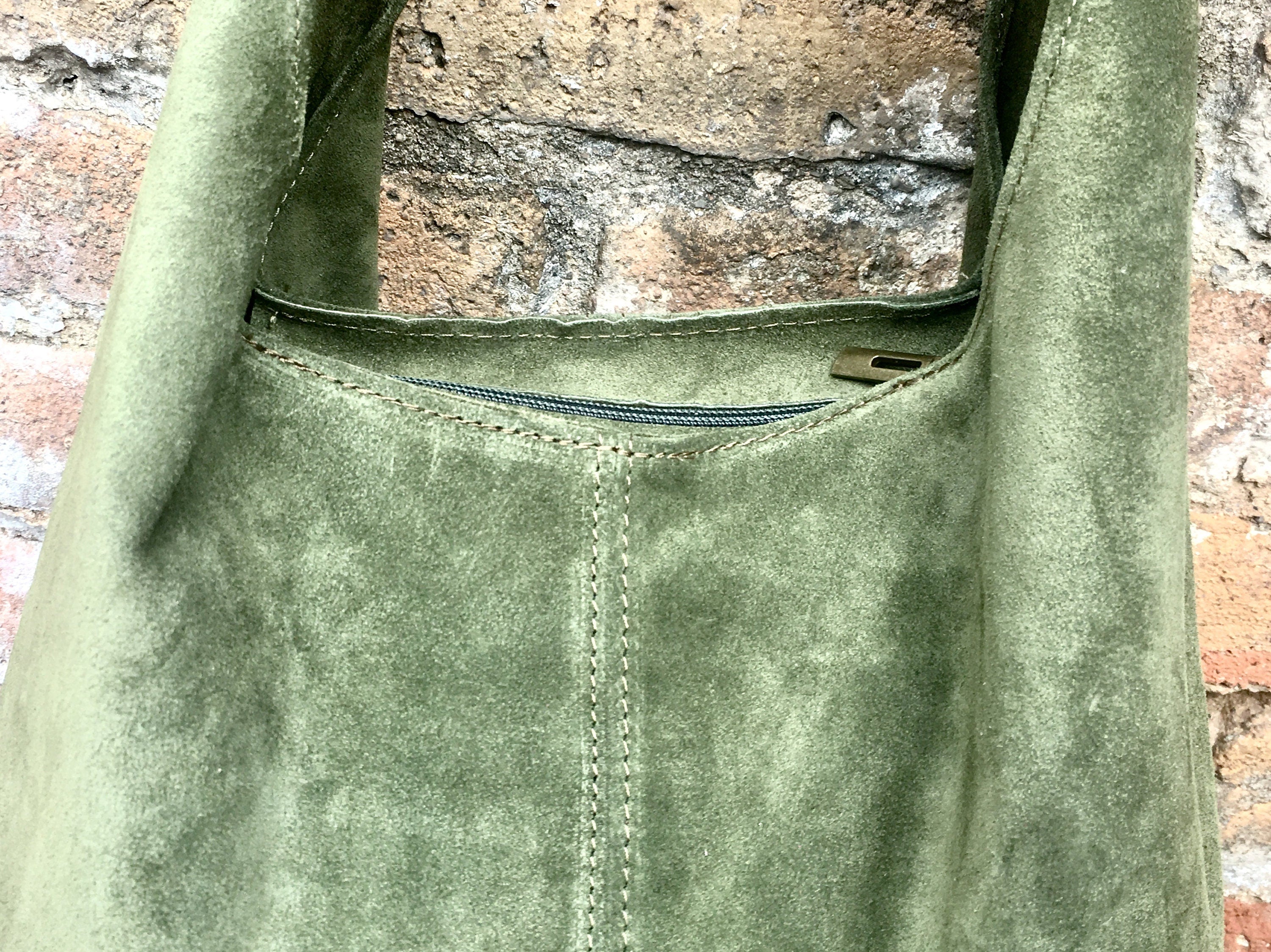 Large tote leather bag in moss GREEN. Slouch leather bag with ZIPPER. Leather shopper, laptop bag in suede leather bag.GREEN suede bag.