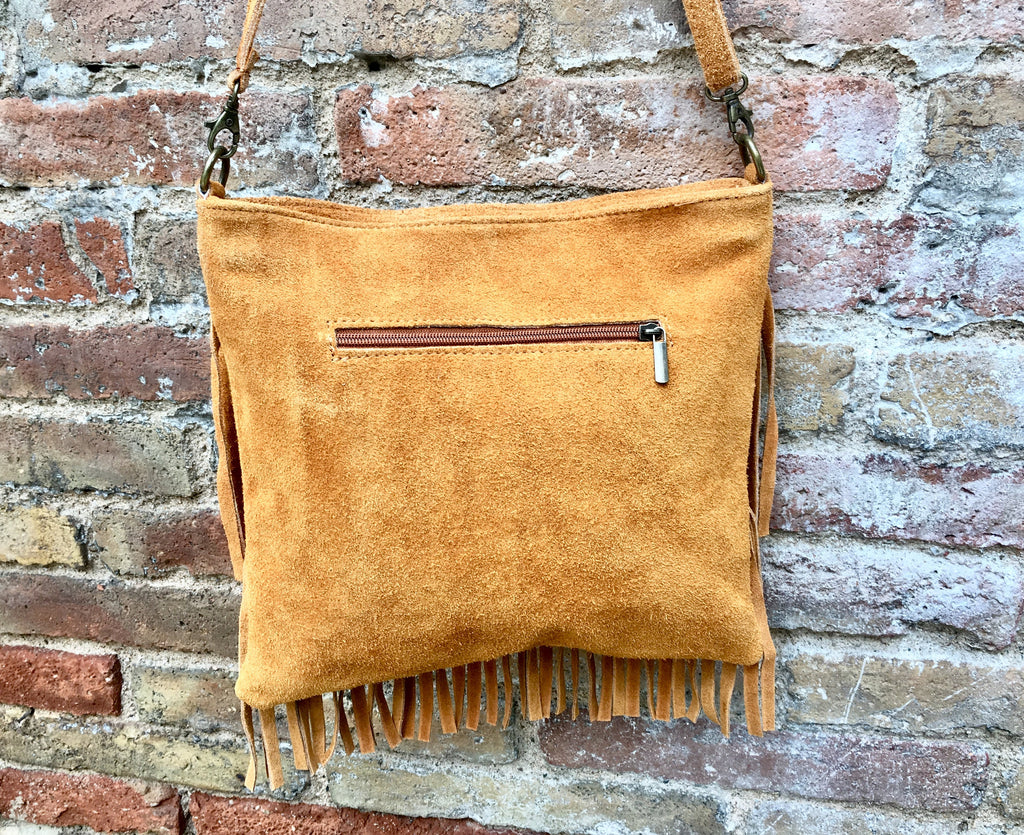 Cross body bag. BOHO suede leather bag in light CAMEL brown with FRINGES. Larger model. Messenger bag in genuine suede. Crossbody hippy bag