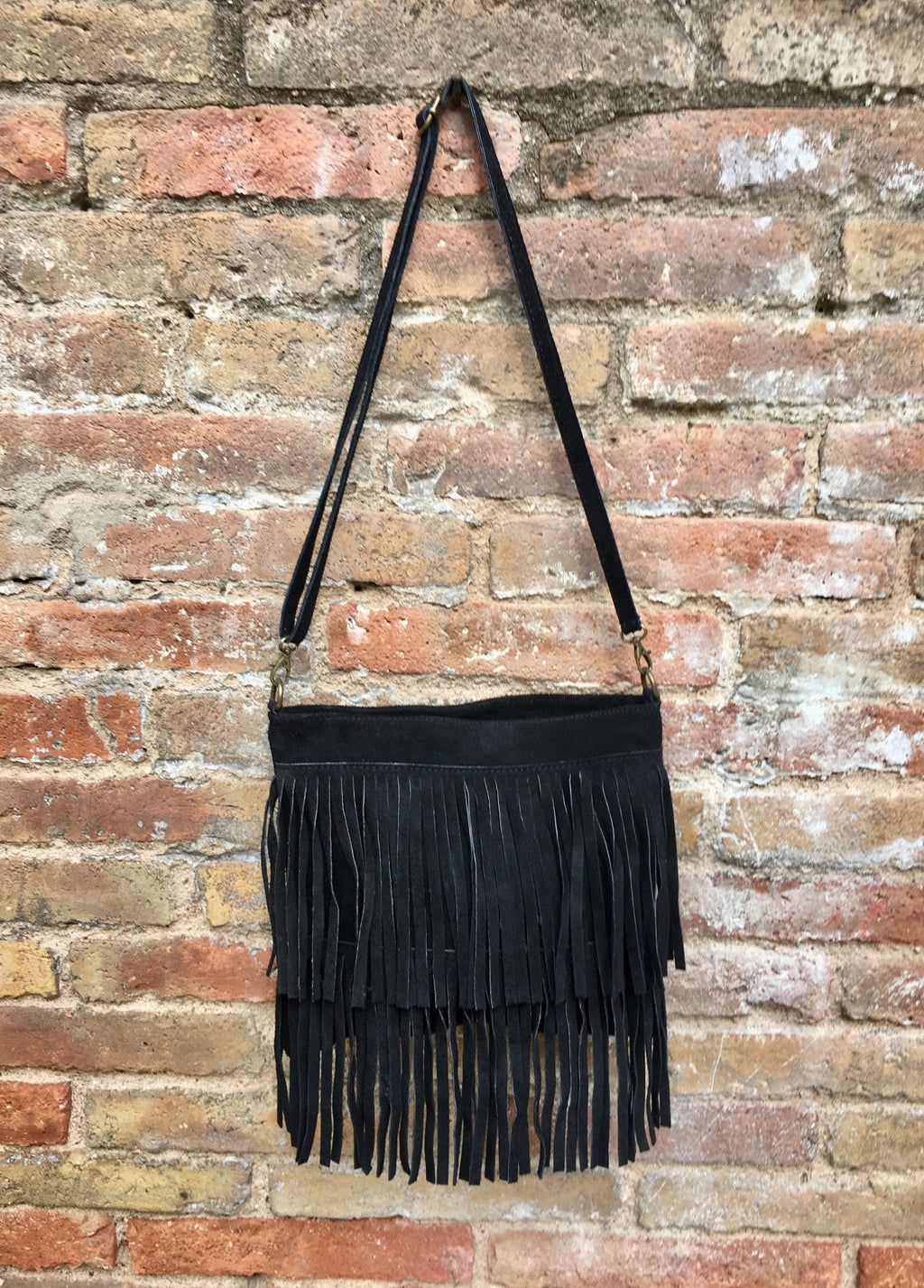 Cross body bag. BOHO suede leather bag in BLACK with FRINGES. Larger model. Messenger bag in genuine suede. Black hippy bag in soft leather