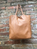 Tote leather bag in CAMEL brown. Genuine leather shopper in saddle brown closed with a ZIPPER . Large TAN brown bag for your laptop, books