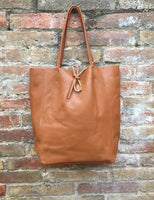 Tote leather bag in dark CAMEL brown. Leather shopper in saddle brown.Natural GENUINE leather. Large TAN brown bag for your laptop, books