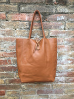 Tote leather bag in dark CAMEL brown. Leather shopper in saddle brown.Natural GENUINE leather. Large TAN brown bag for your laptop, books