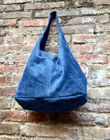 Large TOTE leather bag with ZIPPER in blue. Soft natural suede genuine leather bag. Bohemian bag. Blue suede bag. TOTE bag