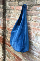 Large TOTE leather bag with ZIPPER in blue. Soft natural suede genuine leather bag. Bohemian bag. Blue suede bag. TOTE bag