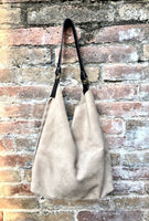 Slouch leather bag in BEIGE. Hobo shoulder bag. Boho bag. Book or tablet bag in suede. BEIGE suede bag with black leather strap. Beige purse