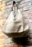 Slouch leather bag in BEIGE. Hobo shoulder bag. Boho bag. Book or tablet bag in suede. BEIGE suede bag with black leather strap. Beige purse