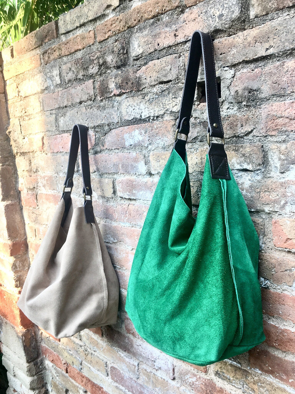 Slouch leather bag in moss GREEN. Hobo shoulder suede bag. Boho shopper bag.Book or tablet bag. Brown leather strap, closed with a zipper