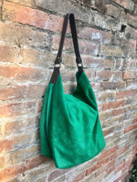 Green slouch suede leather bag with 2 different straps Hobo shoulder bag.: 1 brown leather strap + removable geometric boho guitar strap.