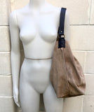 Slouch leather bag in BEIGE. Hobo shoulder bag. Boho bag. Book or tablet bag in suede. BEIGE suede bag with black leather strap. Beige purse