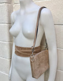 Small suede bag in light brown with matching belt. Cross body bag + wrap belt set in taupe color suede leather. Genuine leather set