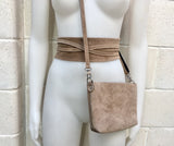 Small suede bag in light brown with matching belt. Cross body bag + wrap belt set in taupe color suede leather. Genuine leather set