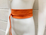 Wide obi belt in suede. Wrap belt in ORANGE. Genuine leather soft suede sash, orange suede wraparound belt, Ibiza boho chic WIDE belt