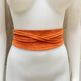 Wide obi belt in suede. Wrap belt in ORANGE. Genuine leather soft suede sash, orange suede wraparound belt, Ibiza boho chic WIDE belt