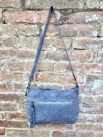 Blue-gray suede bag. Boho genuine leather bag in denim blue. Soft natural medium blue suede leather bag. Blue suede purse with tassels.