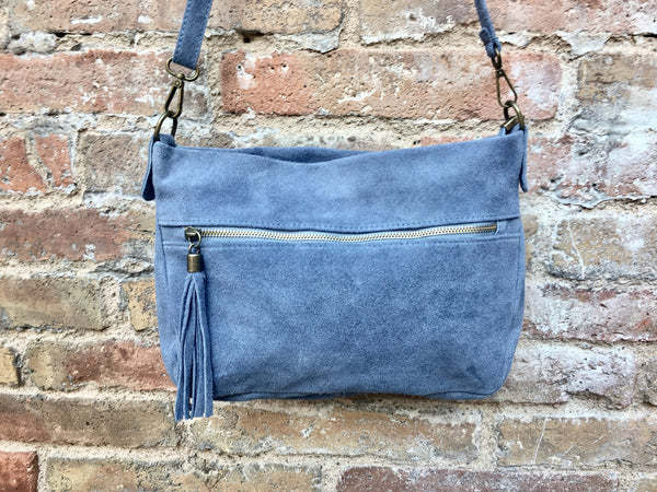 Blue-gray suede bag. Boho genuine leather bag in denim blue. Soft natural medium blue suede leather bag. Blue suede purse with tassels.