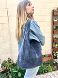 Slouch bag.Large TOTE leather bag in blue with ZIPPER. Soft suede genuine leather bag. Boho book, tablet or laptop bag. Blue suede shopper