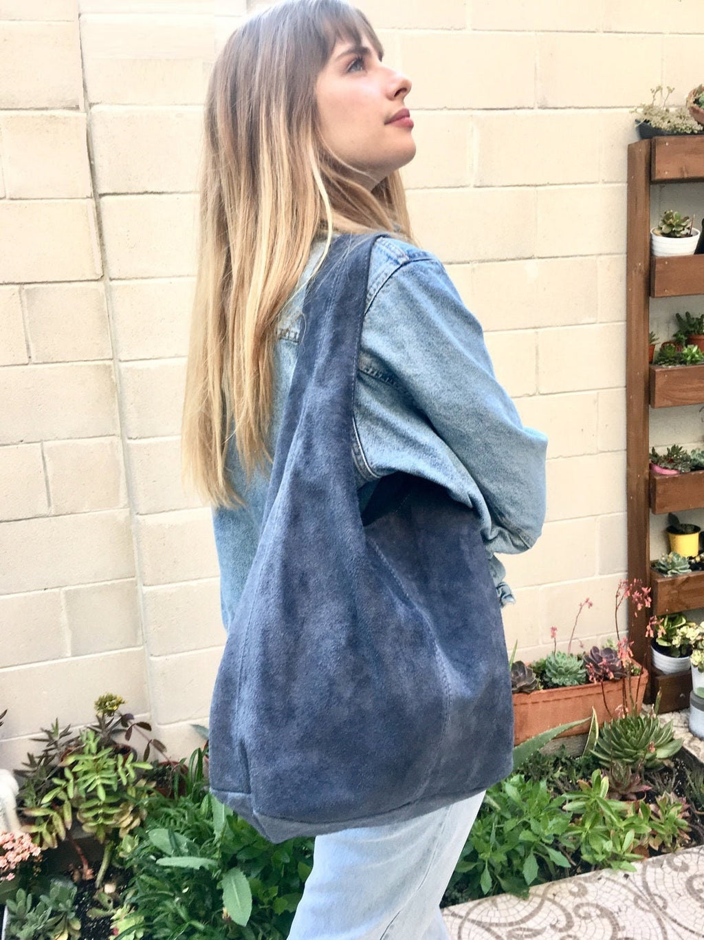 Slouch bag.Large TOTE leather bag in DENIM blue. Soft natural suede genuine leather bag. Bohemian bag. Blue suede bag.Denim bag