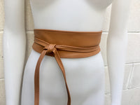 Obi belt in soft leather. Wrap belt in CAMEL BROWN. Waist belt in TOBACCO. Wraparound belt in brown genuine leather. Boho tan wide belt.