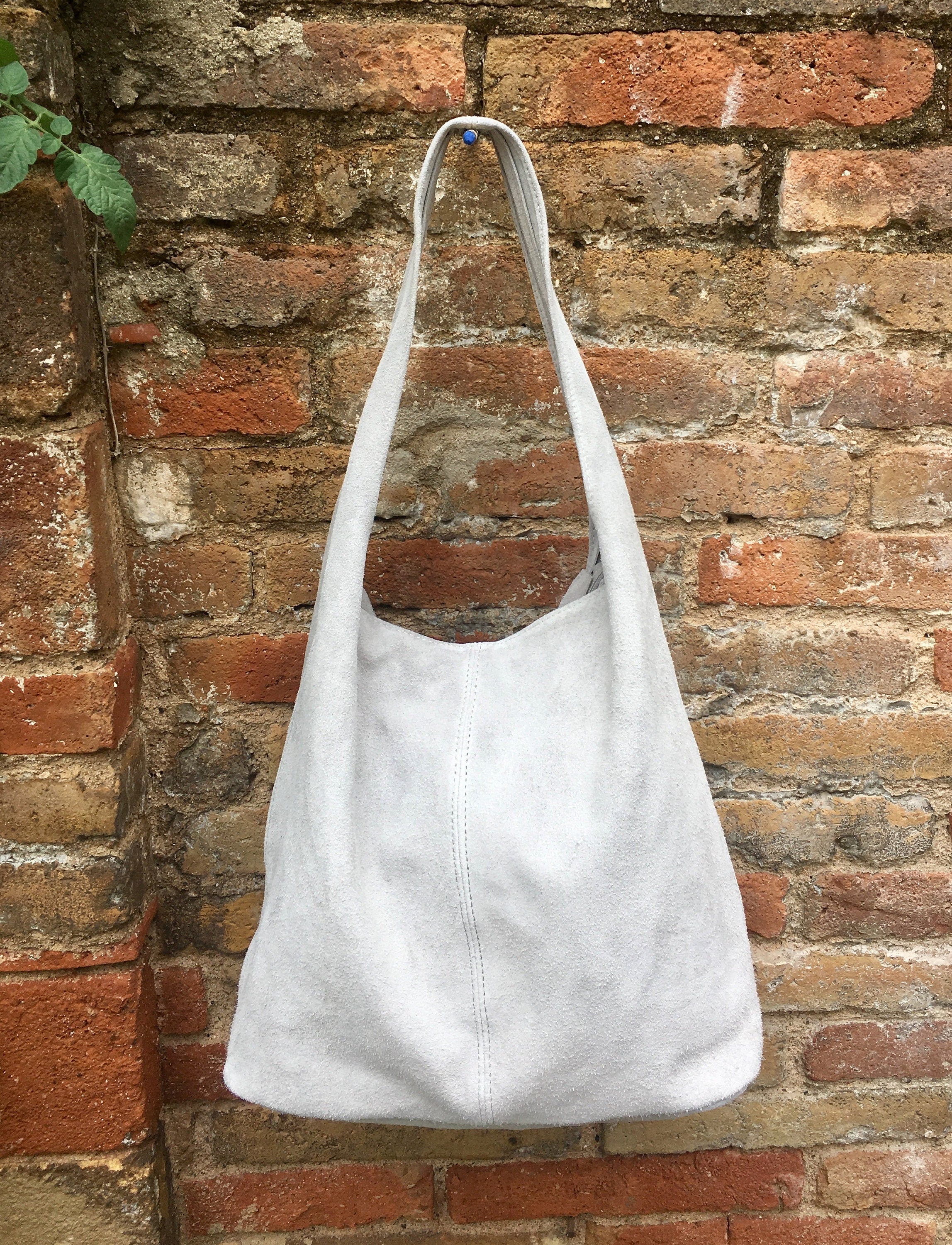 Large SLOUCH leather bag in light GRAY with ZIPPER. Suede tote bag. Soft natural suede bag. Boho bag. Grey suede bag. Laptop or book bag