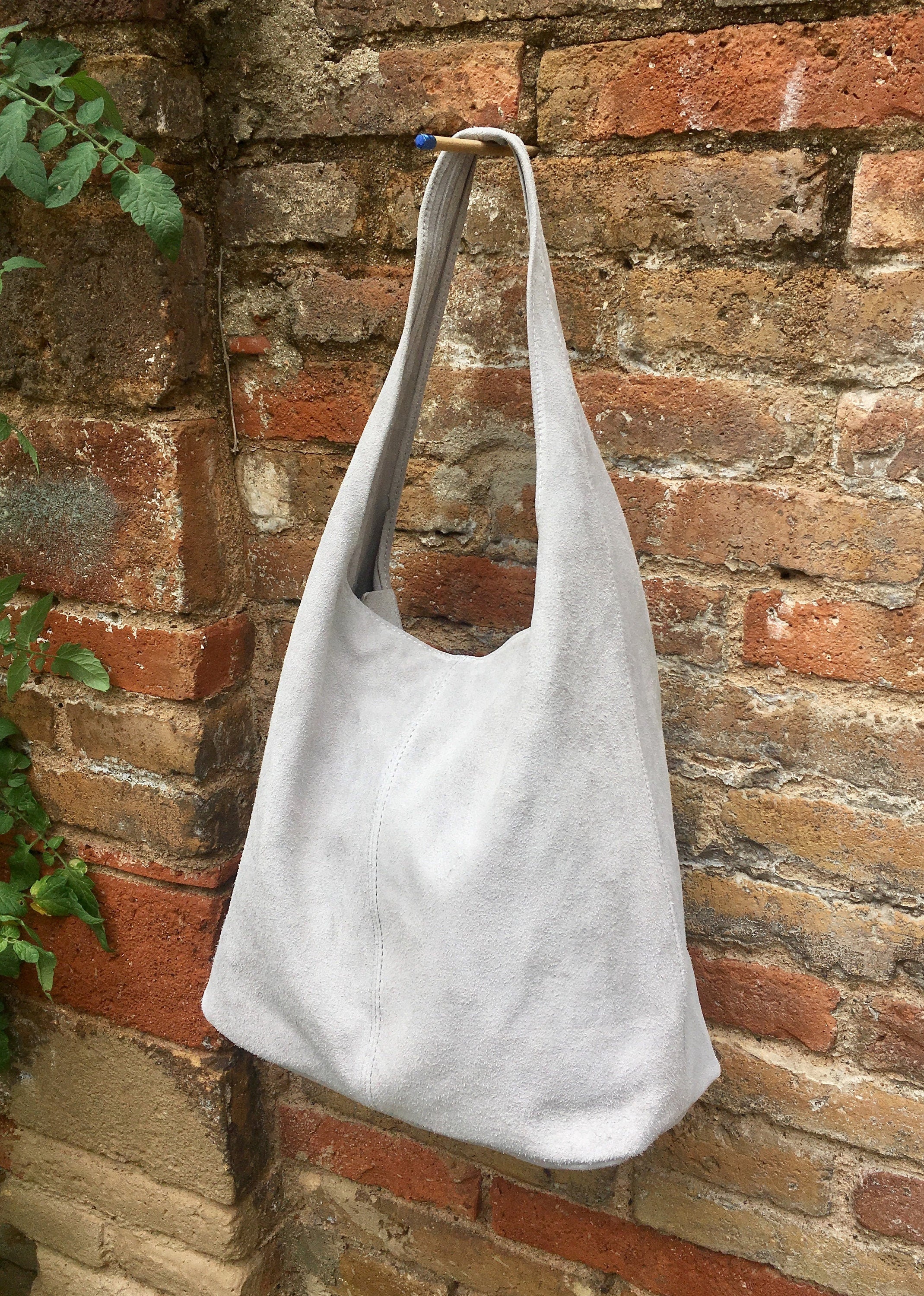 Large SLOUCH leather bag in light GRAY with ZIPPER. Suede tote bag. Soft natural suede bag. Boho bag. Grey suede bag. Laptop or book bag