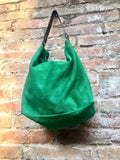 Slouch leather bag in GREEN. Hobo shoulder bag. Boho bag. Book or tablet bags in suede. GREEN suede bag.