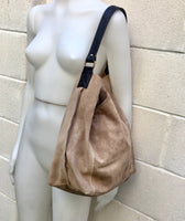 Slouch leather bag in light brown.Taupe color hobo shoulder bag. Boho bag. Book or tablet bags in suede. BROWN suede bag. Leather shopper