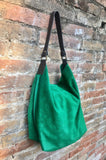 Slouch leather bag in GREEN. Hobo shoulder bag. Boho bag. Book or tablet bags in suede. GREEN suede bag.