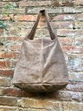 Slouch bag.Large TOTE leather bag in taupe. Light brown soft natural suede leather. Boho bag. Tan brown suede purse. Brown shopper