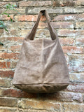 Slouch bag.Large TOTE leather bag in taupe. Soft natural suede leather bag. With ZIPPER. Boho bag. Light brown suede bag. Brown shopper