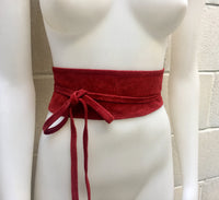 Dark RED suede OBI belt. Wrap belt in natural soft suede. Waist belt in BURGUNDY leather, Wine red sash, boho wraparound belt in dark red.