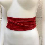 Dark RED suede OBI belt. Wrap belt in natural soft suede. Waist belt in BURGUNDY leather, Wine red sash, boho wraparound belt in dark red.