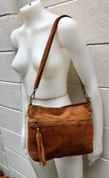 BOHO suede leather bag in camel BROWN. Soft genuine leather bag with tassel. Brown cross over bag,boho bag, crossbody bags in brown.