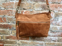 BOHO suede leather bag in camel BROWN. Soft genuine leather bag with tassel. Brown cross over bag,boho bag, crossbody bags in brown.