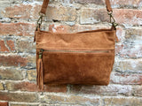 BOHO suede leather bag in camel BROWN. Soft genuine leather bag with tassel. Brown cross over bag,boho bag, crossbody bags in brown.