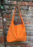 Slouch bag. Large tote leather bag in ORANGE with ZIPPER. Soft natural suede leather shopper bag. Boho orange carry all bag. Large hobo bag