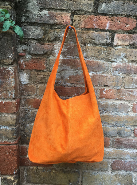 Slouch bag. Large tote leather bag in ORANGE with ZIPPER. Soft natural suede leather shopper bag. Boho orange carry all bag. Large hobo bag